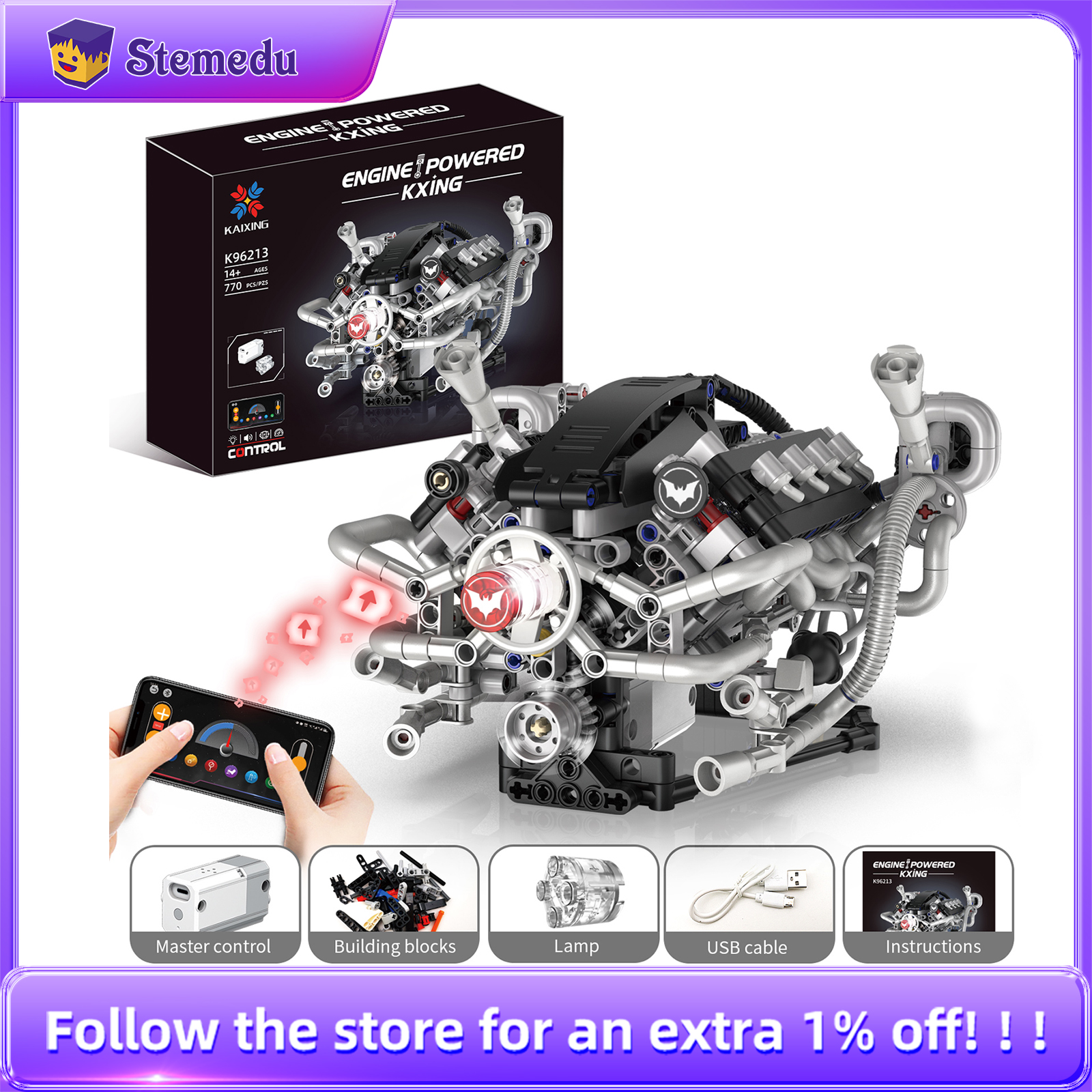 Model Kit Ikaruga - K96213 770pcs V8 Engine Model Bricks
